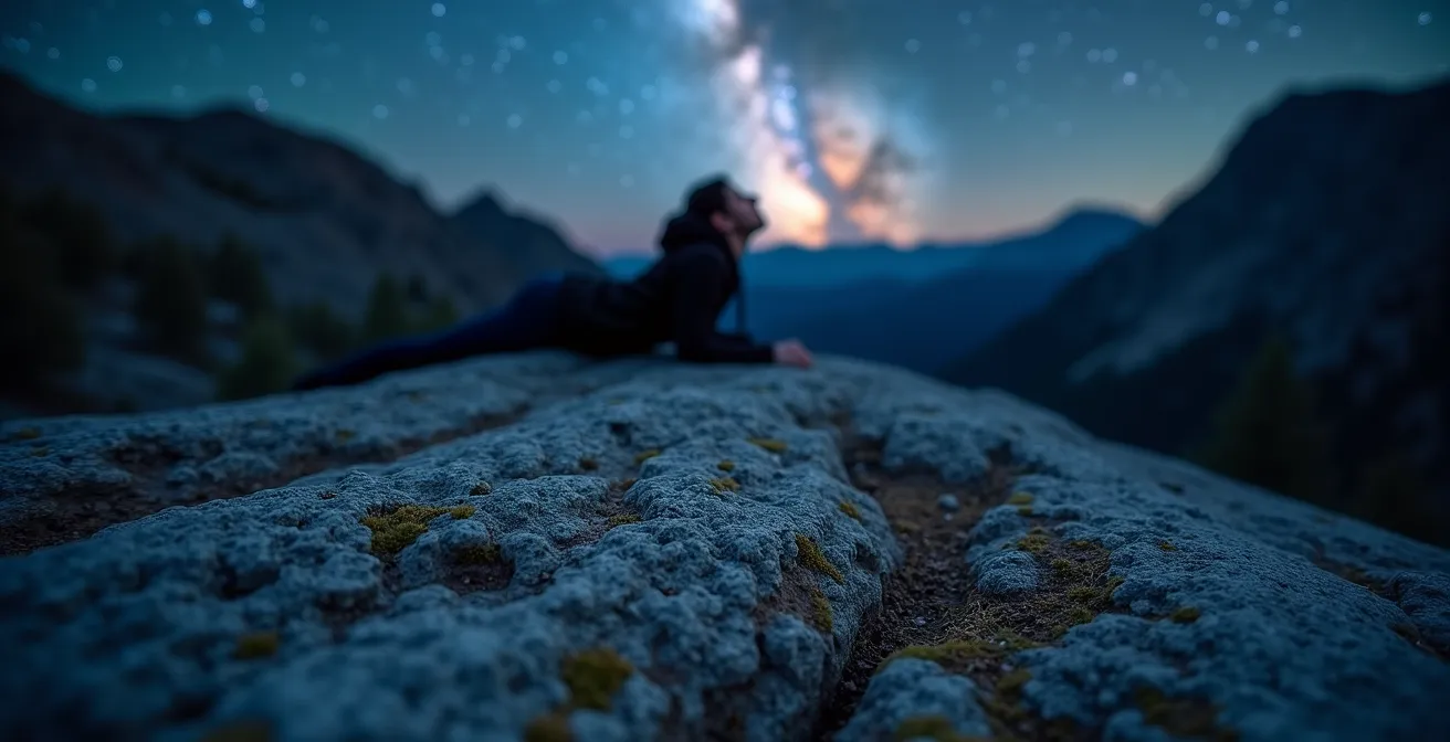 Observateur allongé sur un rocher contemplant la voie lactée dans un ciel de montagne sans pollution lumineuse