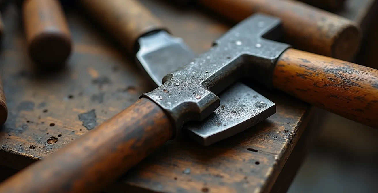 Détail macro d'outils de forge anciens avec textures de métal patiné et bois usé