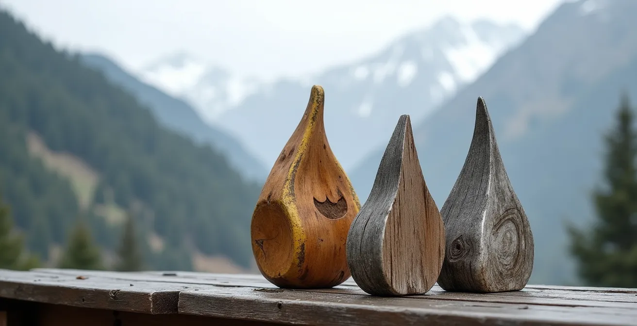 Sculpture en bois exposée aux intempéries montrant différentes finitions et patines naturelles