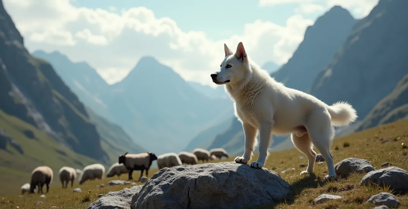 Chien patou blanc surveillant un troupeau de moutons dans un alpage