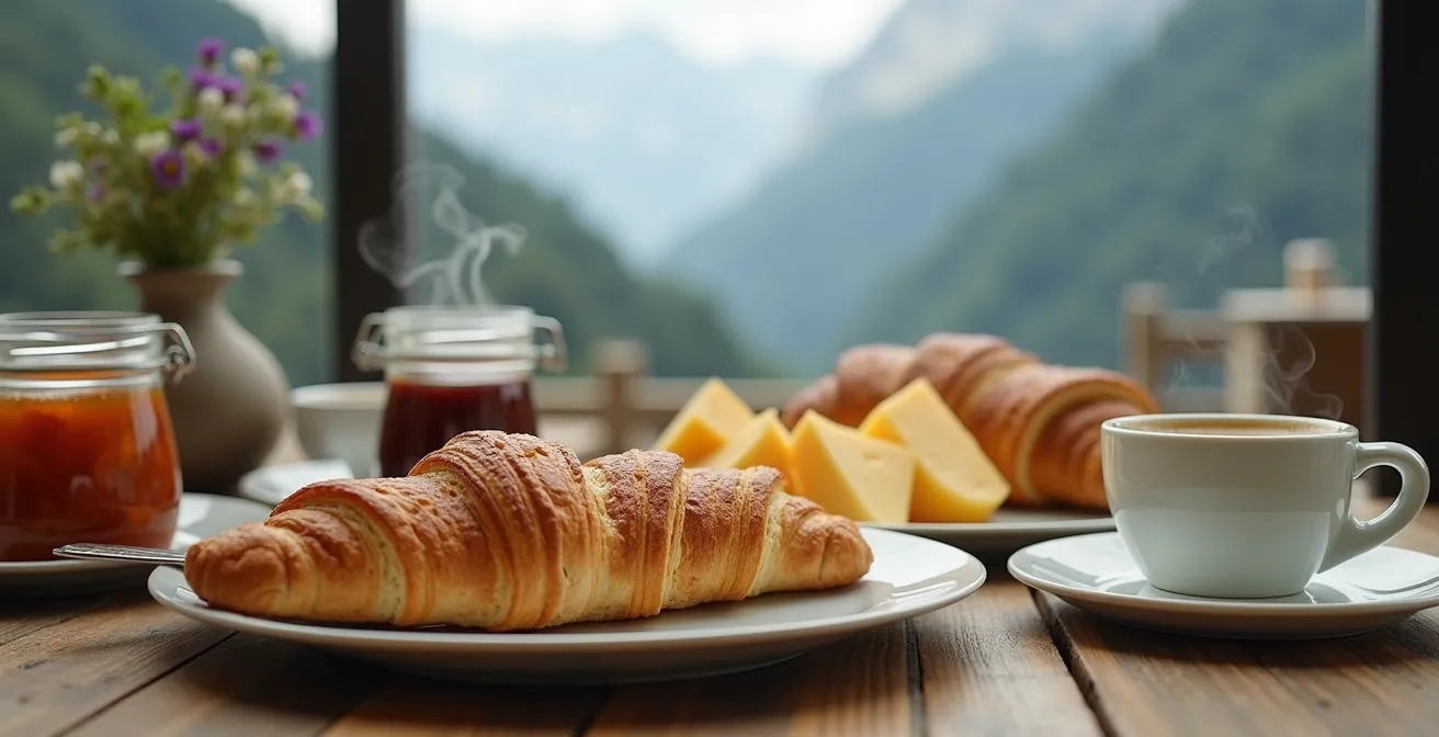Table de petit-déjeuner dressée sur terrasse privée avec produits locaux et vue panoramique sur les Alpes