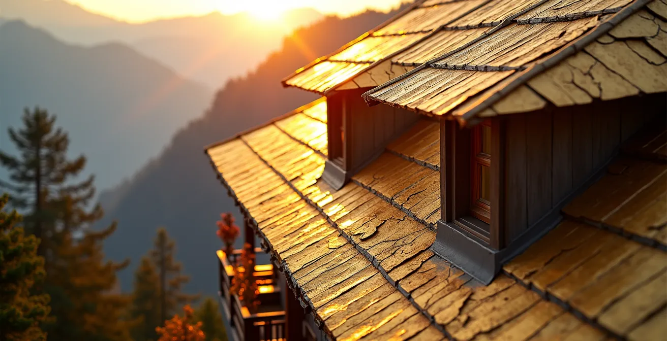 Le Petit Toit d'Or photographié depuis un angle latéral au lever du soleil avec les Alpes en arrière-plan