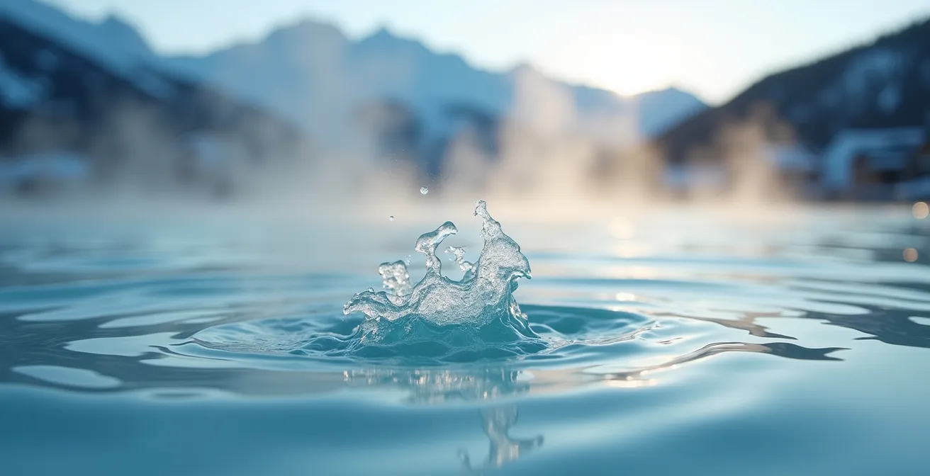 Piscine extérieure chauffée d'un hôtel de montagne avec vapeur s'élevant dans l'air froid