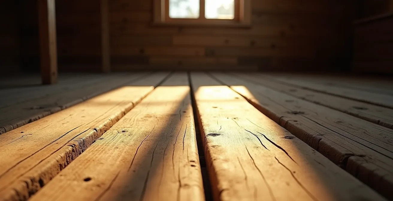 Plancher en bois ancien avec jeu d'ombres et lumière rasante