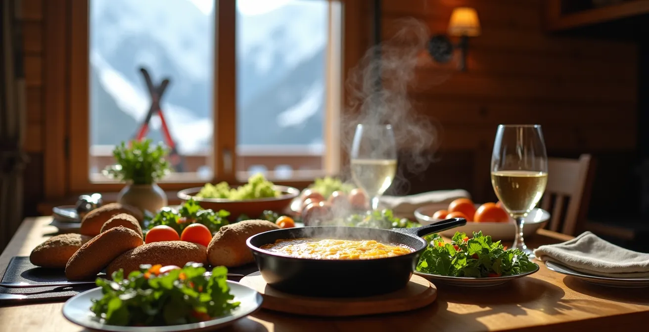 Table de montagne avec tartiflette fumante accompagnée de salade verte dans un chalet