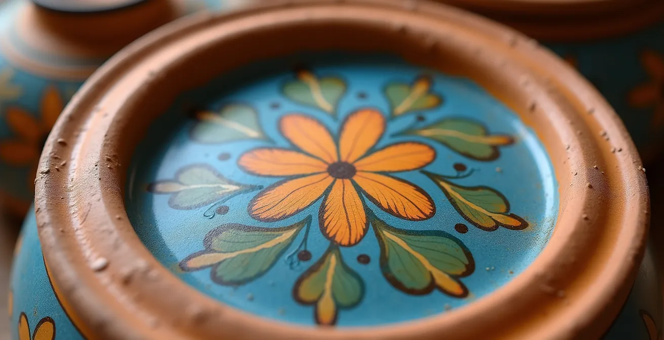 Détail macro d'une poterie savoyarde montrant les motifs traditionnels peints à la main