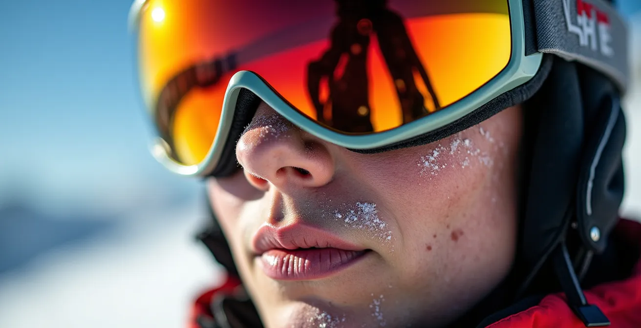 Visage protégé par des lunettes de glacier avec reflets intenses de la lumière sur la neige