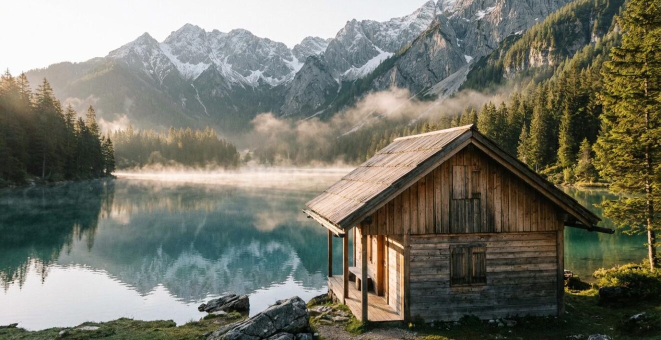 Vue panoramique d'un chalet alpin au bord d'un lac de montagne entouré de sommets enneigés sous un ciel bleu
