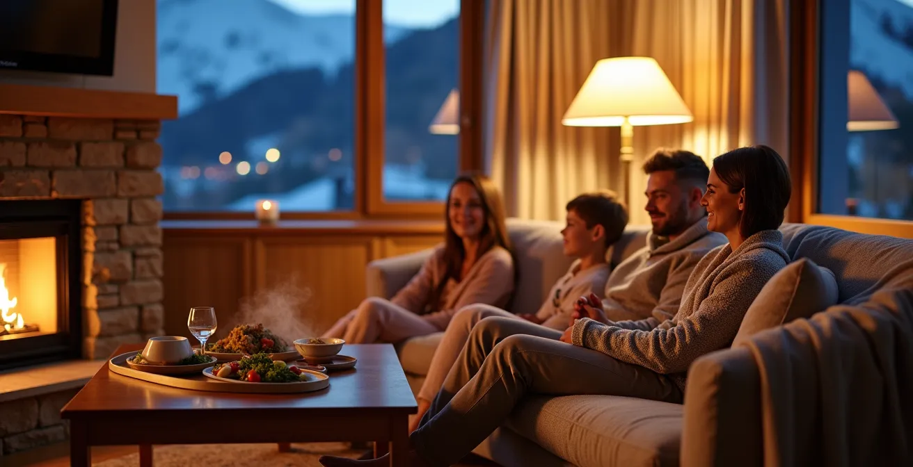 Famille détendue dans une suite d'hôtel de montagne avec plateau repas élégant