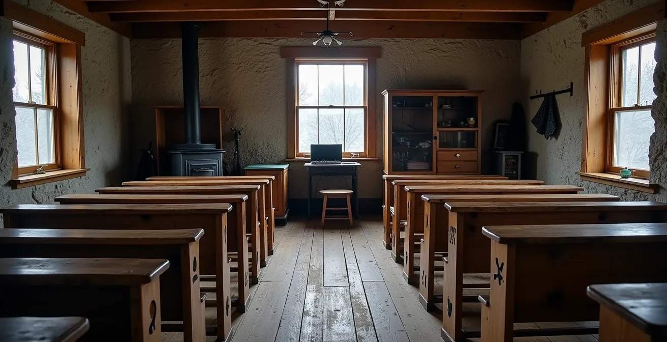 Salle de classe unique d'école de hameau avec bancs en bois usés et poêle central