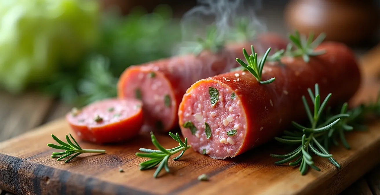 Saucisse artisanale aux choux et herbes fraîches dans un plat rustique en montagne