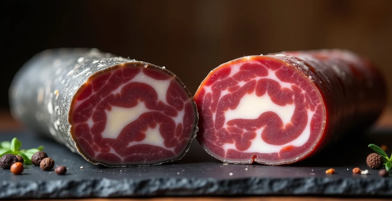 Tranches de saucisson artisanal gris et industriel rose montrant les différences de texture et couleur