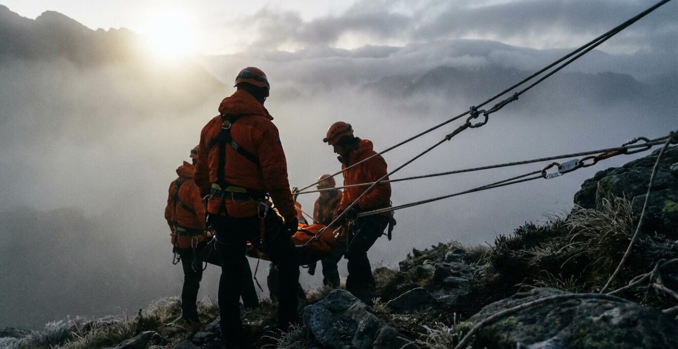 Équipe de secours en montagne dans le brouillard avec équipement professionnel