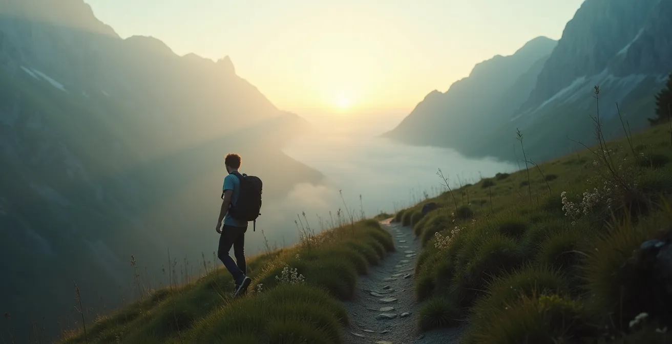 Sentier de montagne désert serpentant dans la brume au lever du soleil