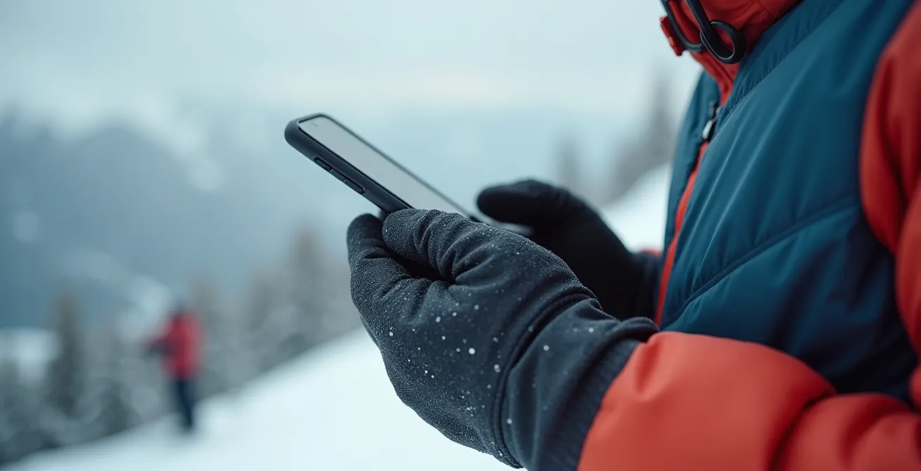 Groupe de skieurs consultant leur smartphone à un arrêt de skibus en montagne