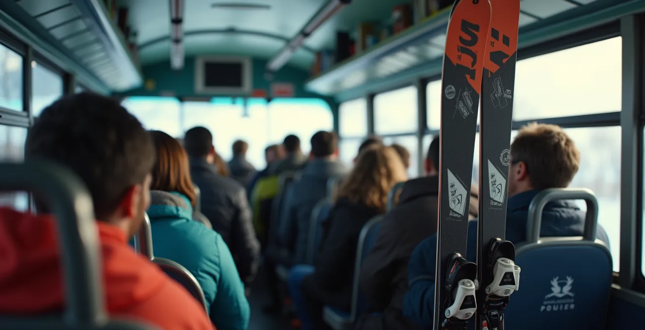 Intérieur d'un skibus avec skieurs tenant correctement leur équipement