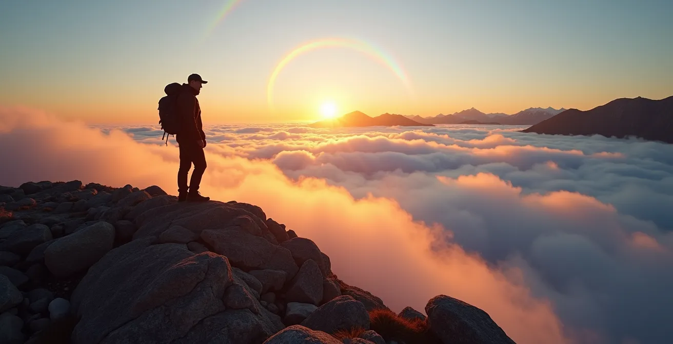 Spectre de Brocken avec halo lumineux autour de l'ombre d'un randonneur sur mer de nuages