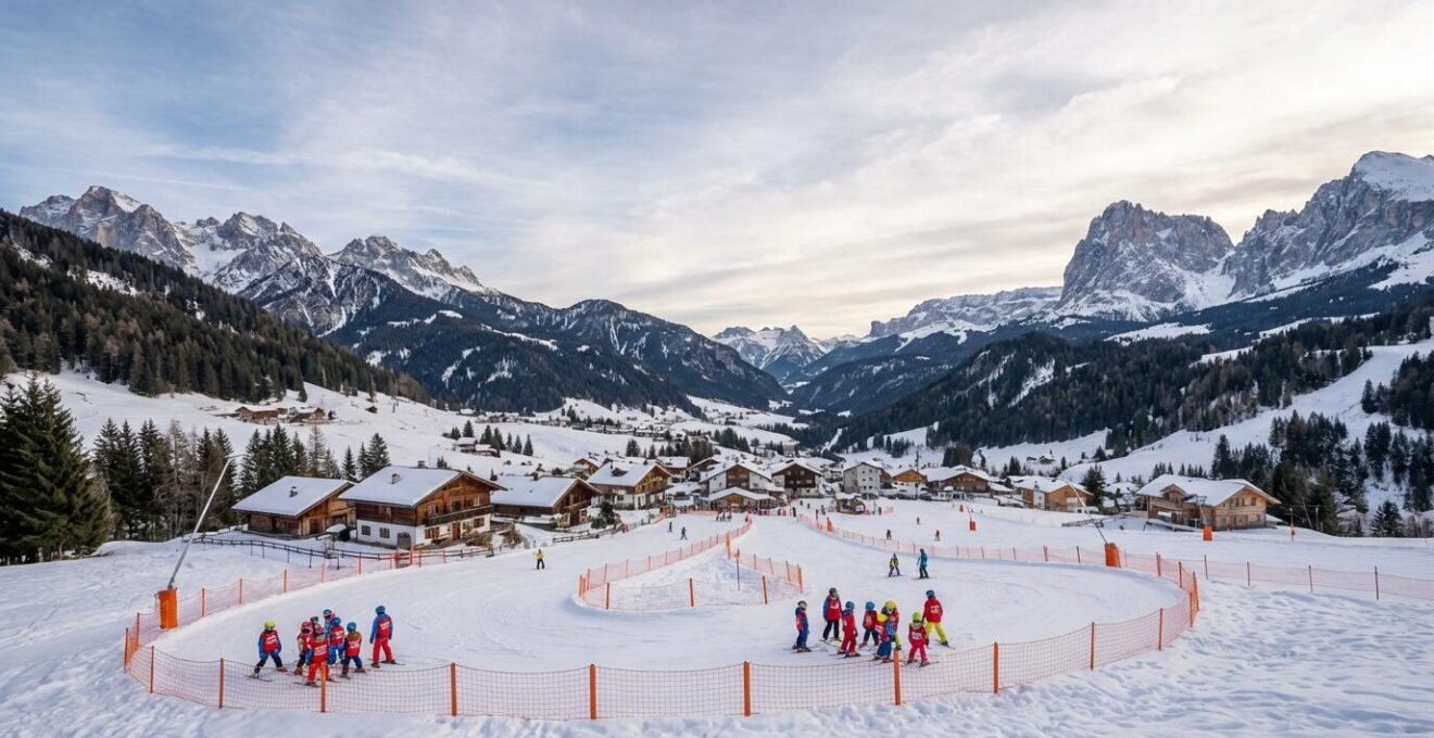 Vue panoramique d'une petite station de ski familiale avec zones débutants au premier plan et enfants en cours de ski