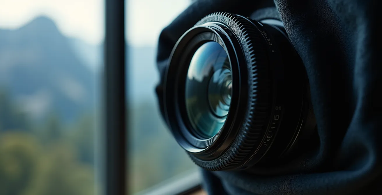 Appareil photo contre une vitre avec tissu noir pour éliminer les reflets