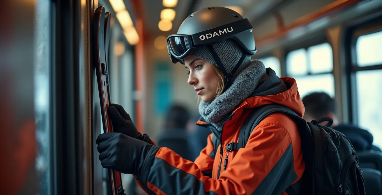 Voyageur organisant son matériel de ski dans l'entrée d'un wagon de train