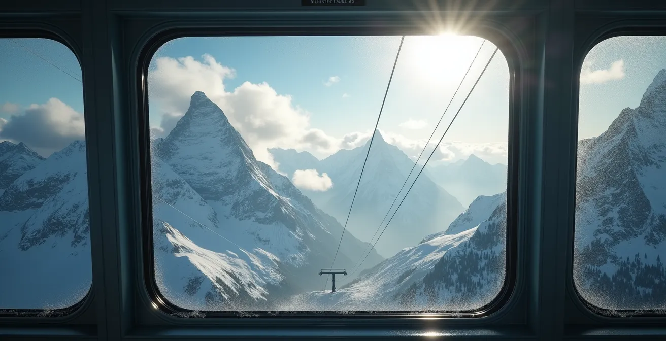 Vue depuis une télécabine montant vers une station de ski