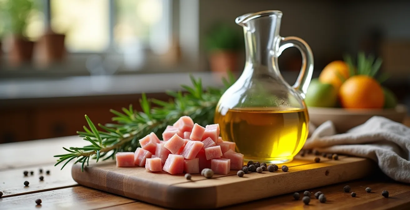 Préparation d'huile de jambon infusée avec talons et aromates