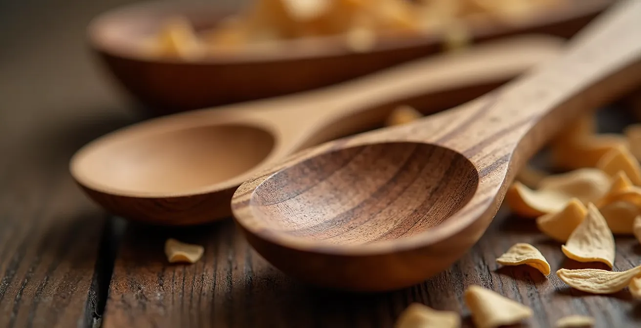 Ustensiles en bois sculptés à la main disposés sur une table en bois brut