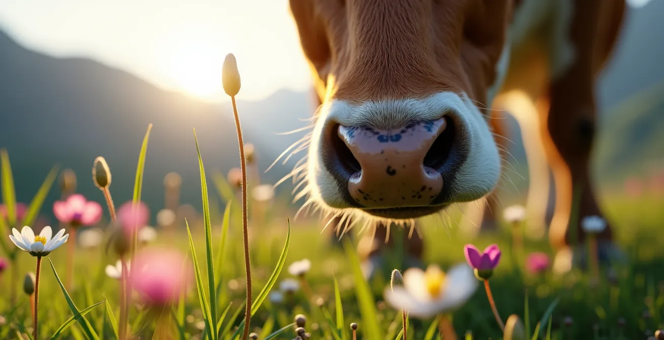 Vache broutant dans un pâturage alpin fleuri avec montagnes en arrière-plan