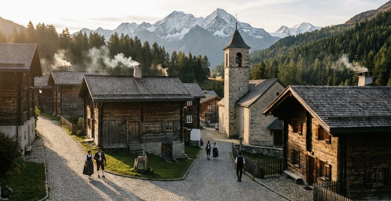 Village de montagne traditionnel niché dans une vallée alpine avec chalets en bois et église