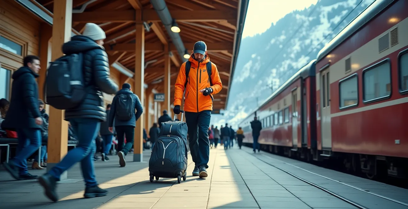 Voyageur avec équipement de ski sur un quai de gare alpine, trains en arrière-plan