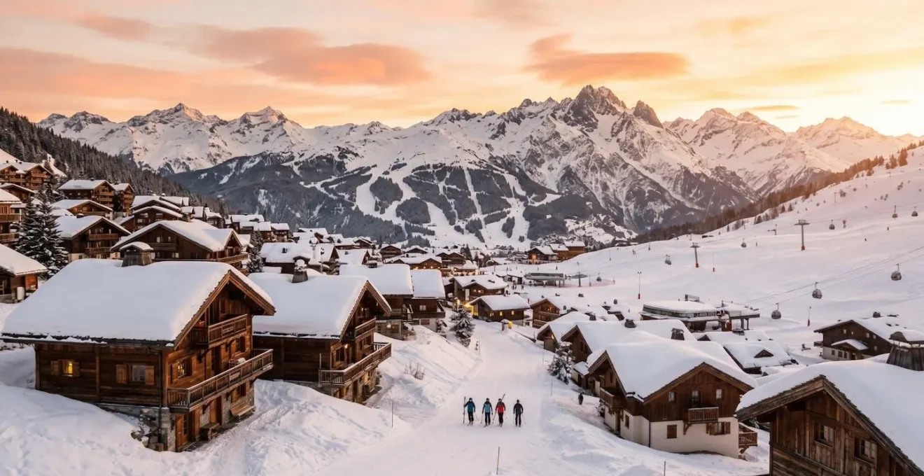 Vue panoramique du village de Courchevel au lever du soleil avec chalets alpins traditionnels, pistes de ski enneigées et sommets des Trois Vallées en arrière-plan sous lumière dorée
