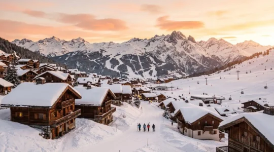 Vue panoramique du village de Courchevel au lever du soleil avec chalets alpins traditionnels, pistes de ski enneigées et sommets des Trois Vallées en arrière-plan sous lumière dorée