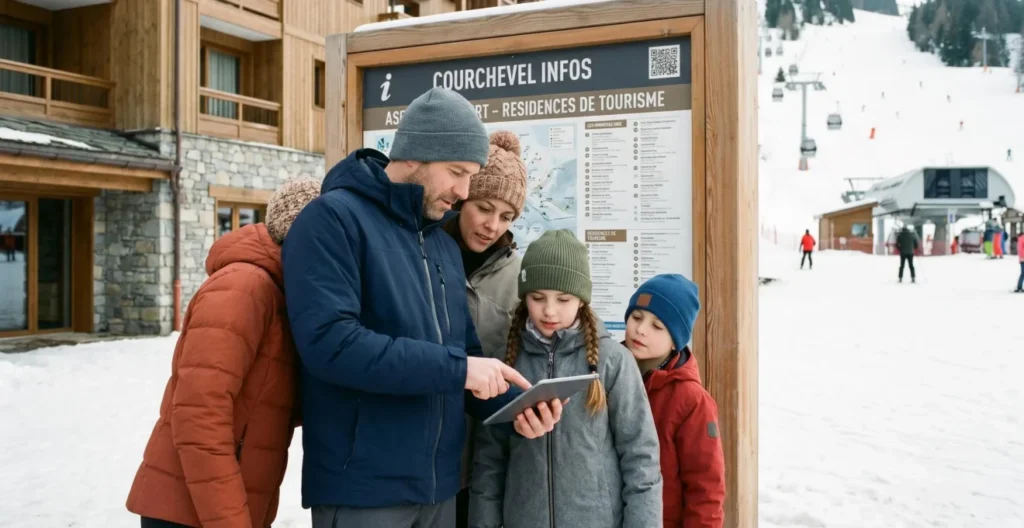 Famille consultant les détails d'une résidence de tourisme à Courchevel devant le panneau d'information, avec front de neige et pistes de ski visibles en arrière-plan
